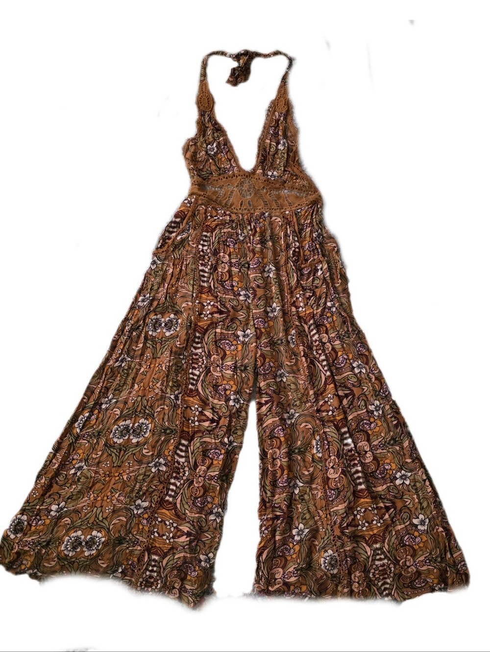 Free People Boho Floral Halter Jumpsuit Brown & Rust Orange Women's Size Large - Picture 2 of 13